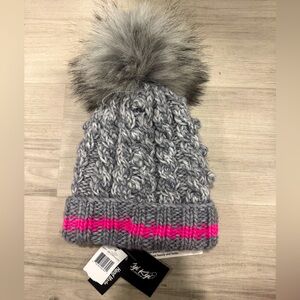 Kyi kyi women’s hand made hat with Pom. Grey w pink strip NWT